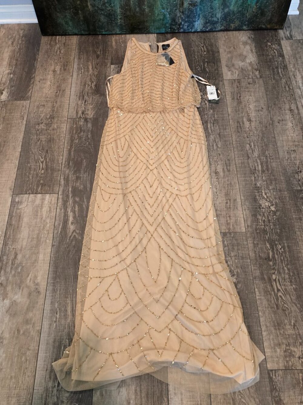 Adrianna Papell Womens 12 Beaded Sequin Maxi Dress Champagne Gold NWT  Condition